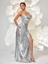 Silver Metallic Asymmetrical Neck Floral Design Slit Maxi Dress